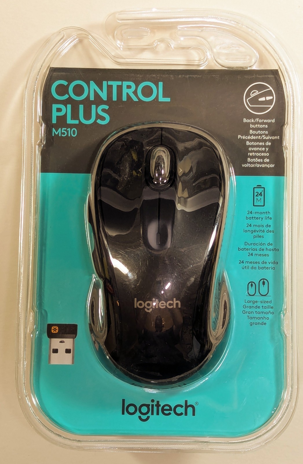 NEW SEALED Black LOGITECH M510 Control Plus LARGE SIZED WIRELESS MOUSE 7 BUTTONS