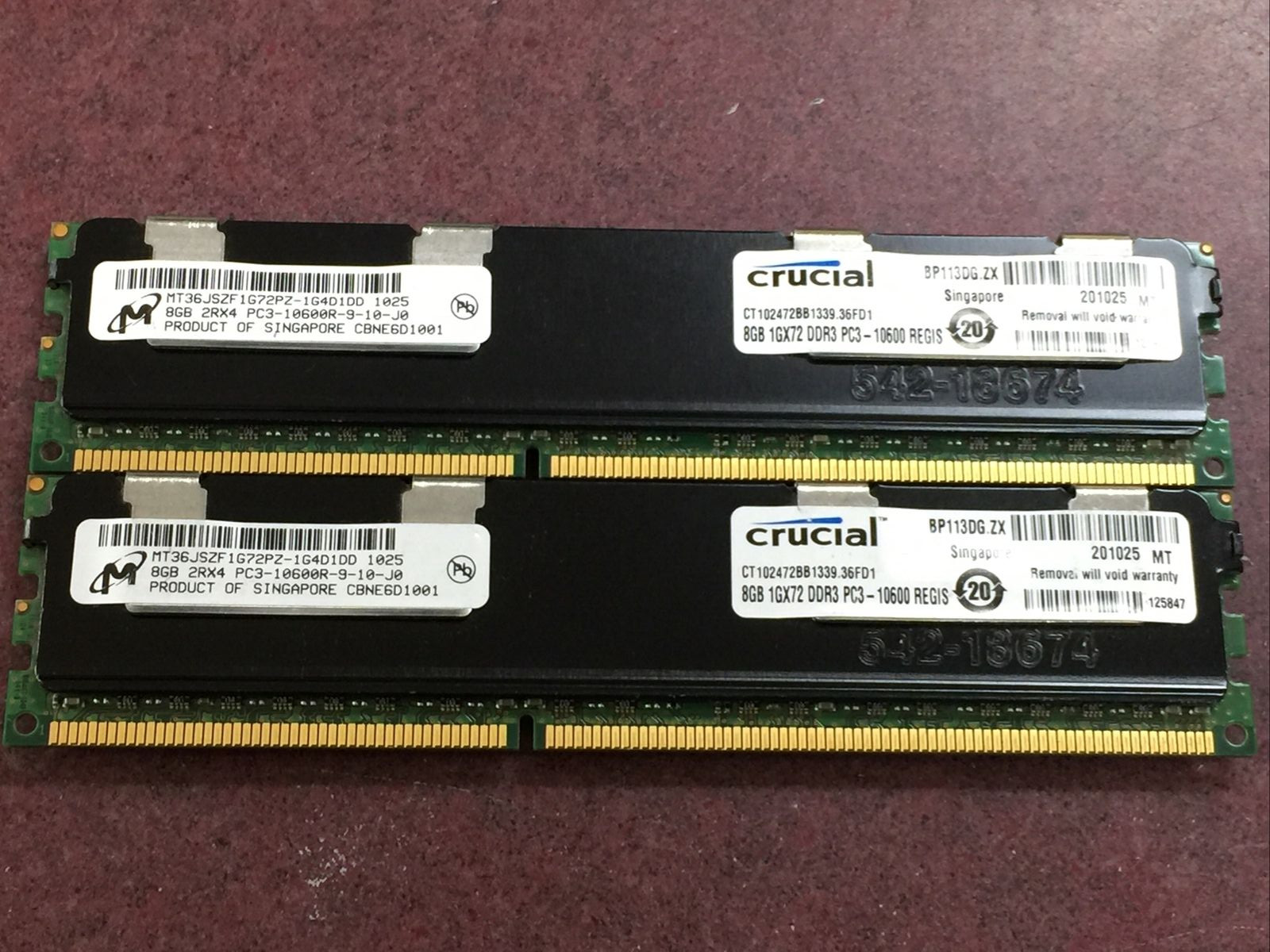 Lot of 16GB (2x8GB) 2Rx4 PC3-10600R HEATSINK Server RAM Micron/Crucial