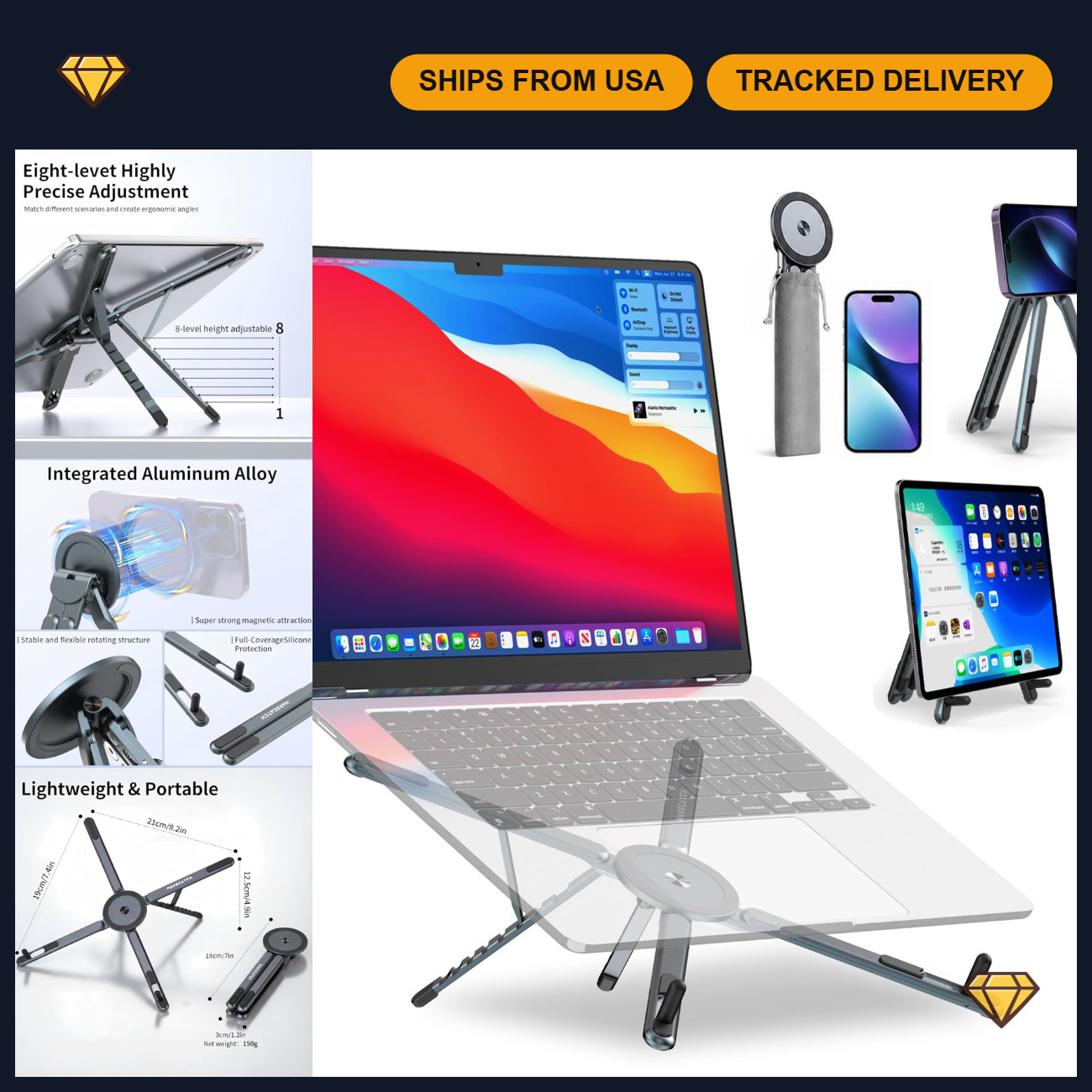 Adjustable Portable Laptop Stand for Desk - 3-in-1 Ergonomic Holder, Gray