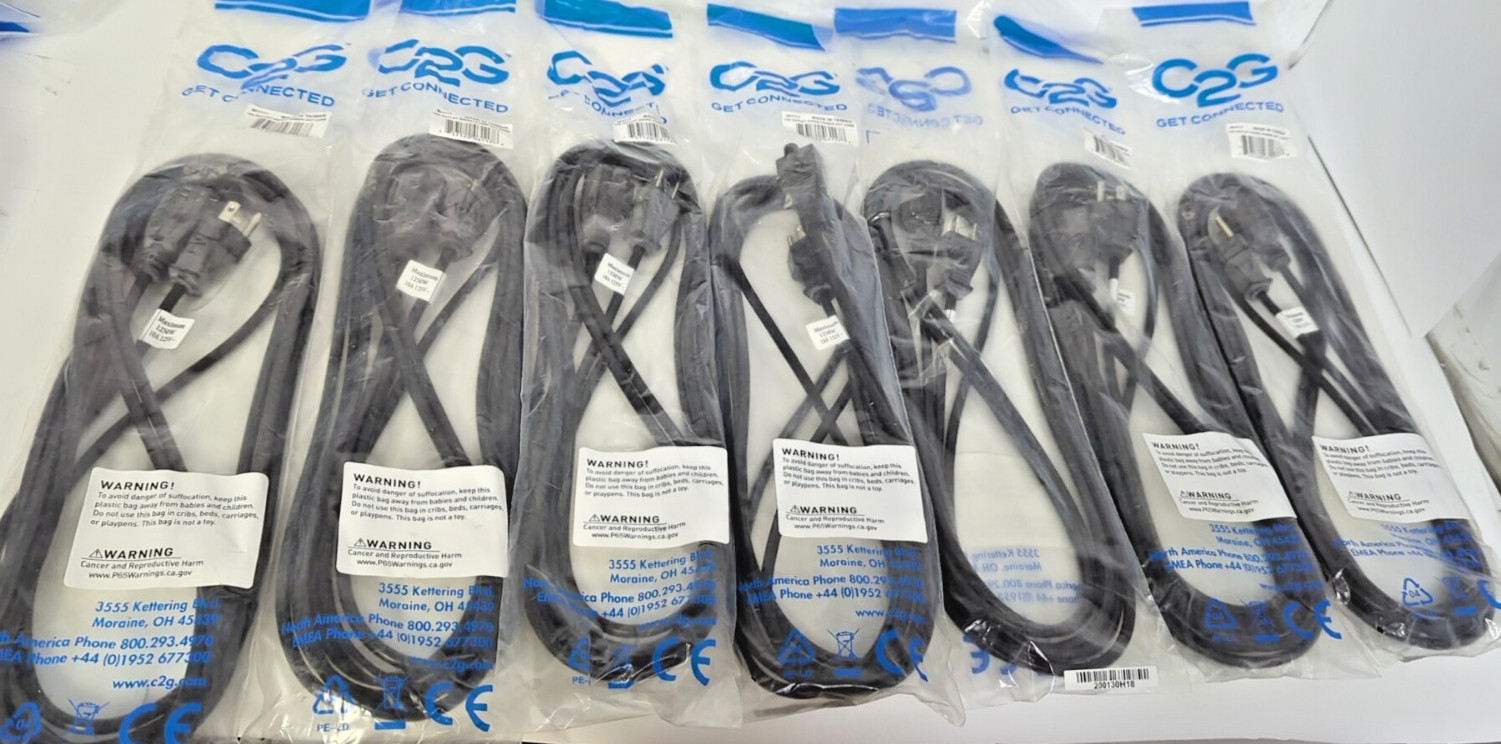 LOT OF 7  C2G 15FT OUTLET SAVER POWER EXT CORD MAXIMUM 1250W, 10A, 125V BLACK