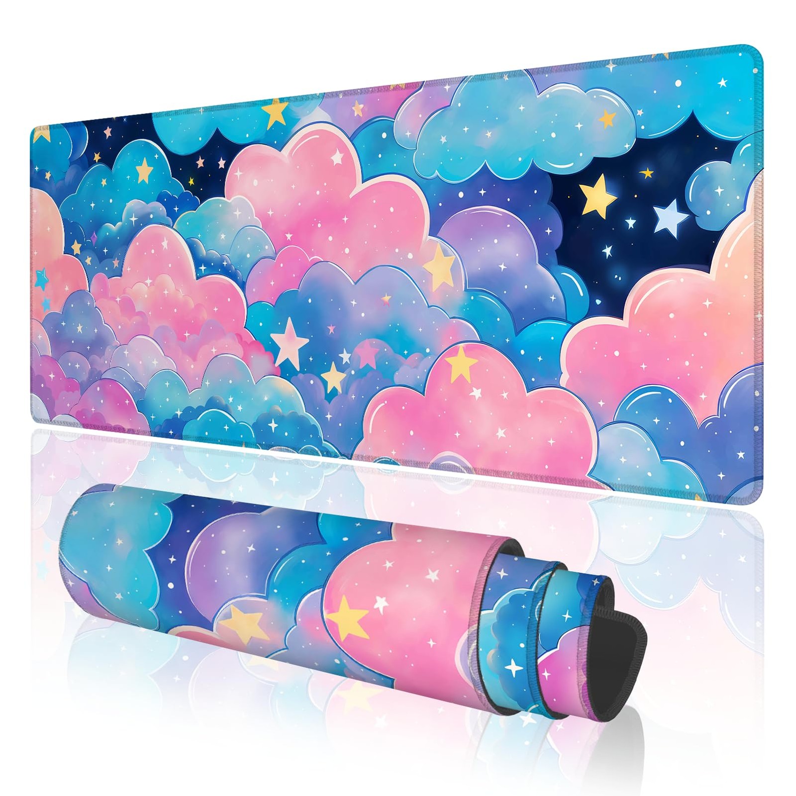 Pink Cloud Large Gaming Mouse Pad with Anti-Slip Base for Keyboard, Kawaii Color