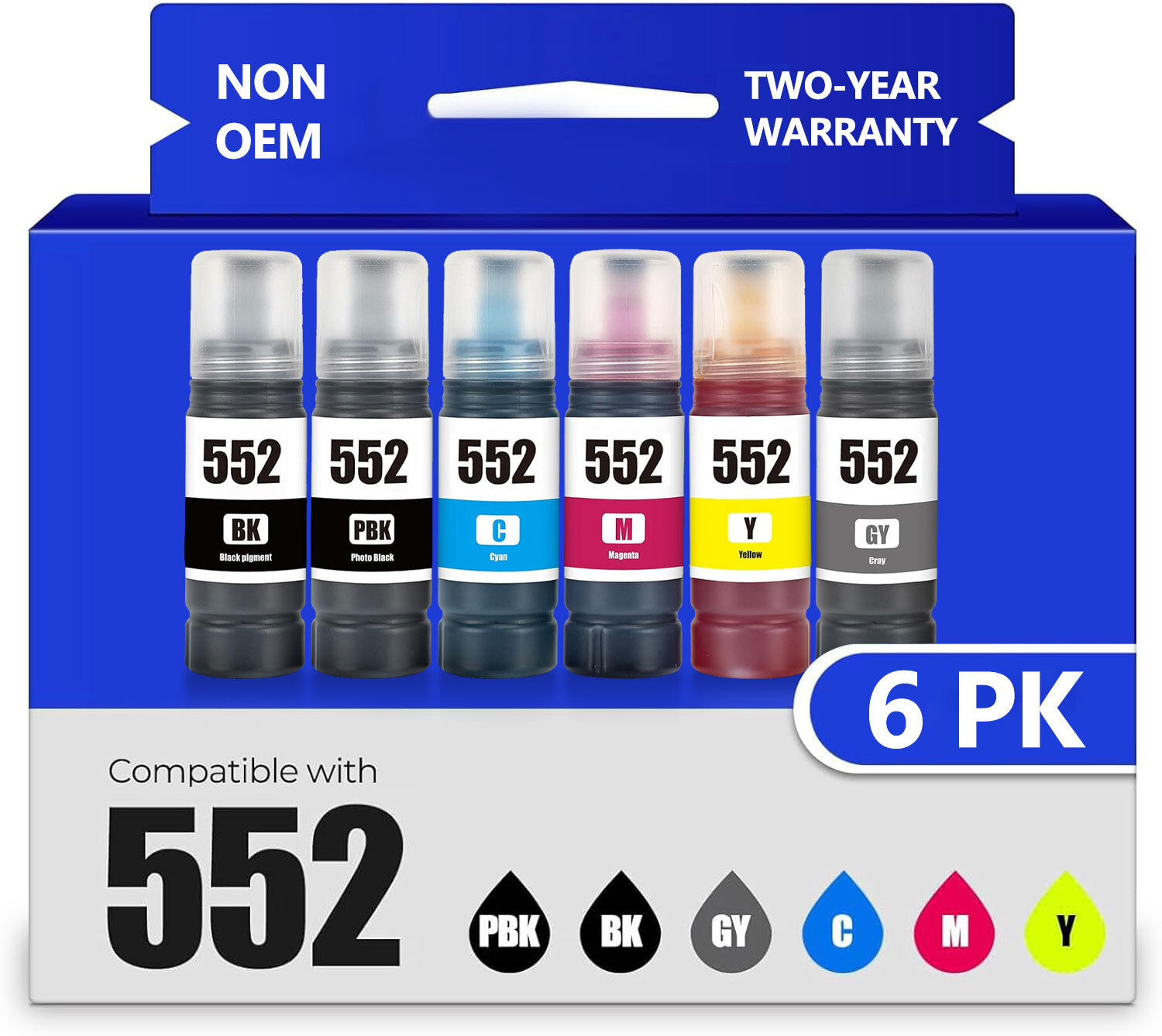 High Yield 6 Pack T552 552 Ink Bottles for Epson EcoTank ET-8550 ET-8500