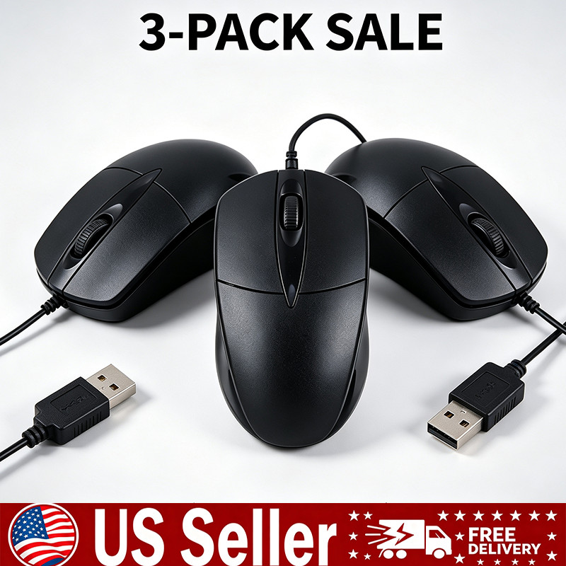 3PCS USB 2.0 Optical Wired Scroll Wheel Mouse PC Laptop Notebook Desktop Black