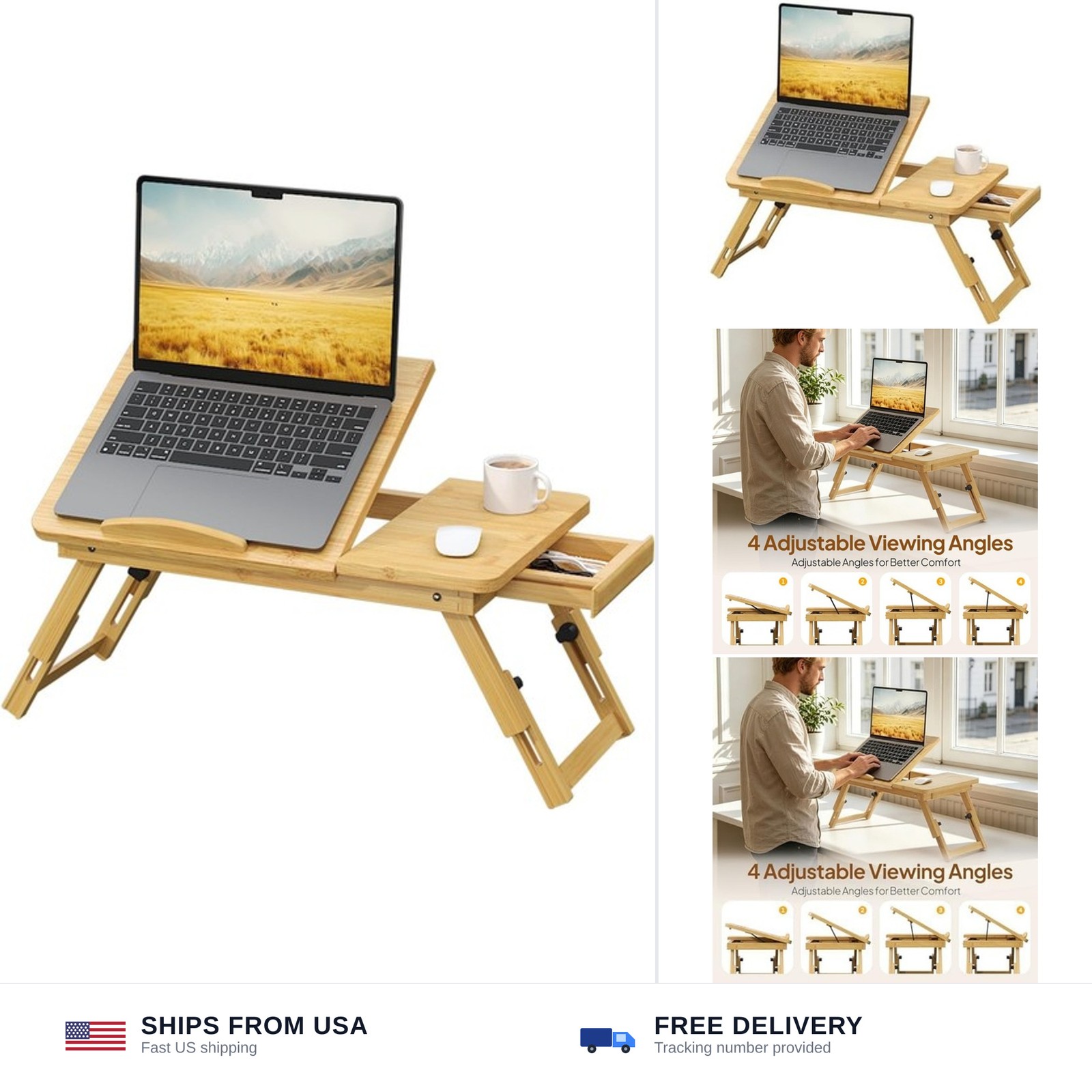 Bamboo Laptop Desk for Bed, Height & Angle Adjustable Foldable Lap Desk