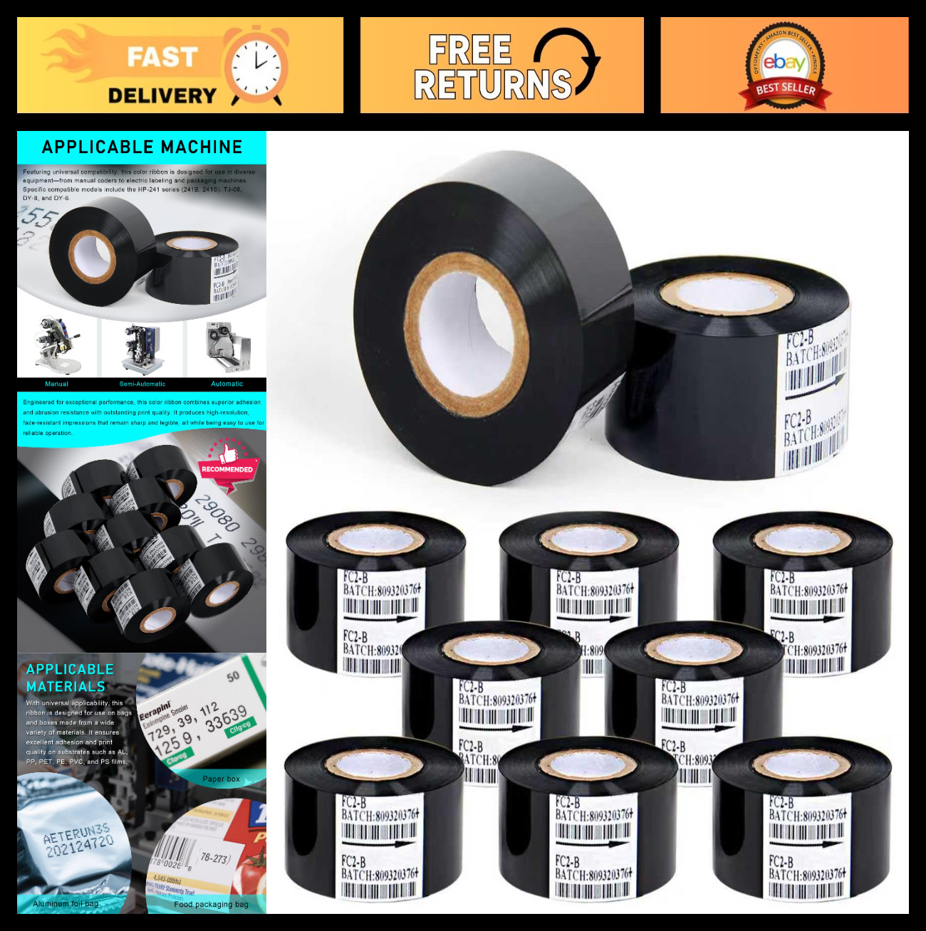 10 Rolls Black Thermal Transfer Ribbon 30mm x 100m - Hot Stamp Date & Batch Codi