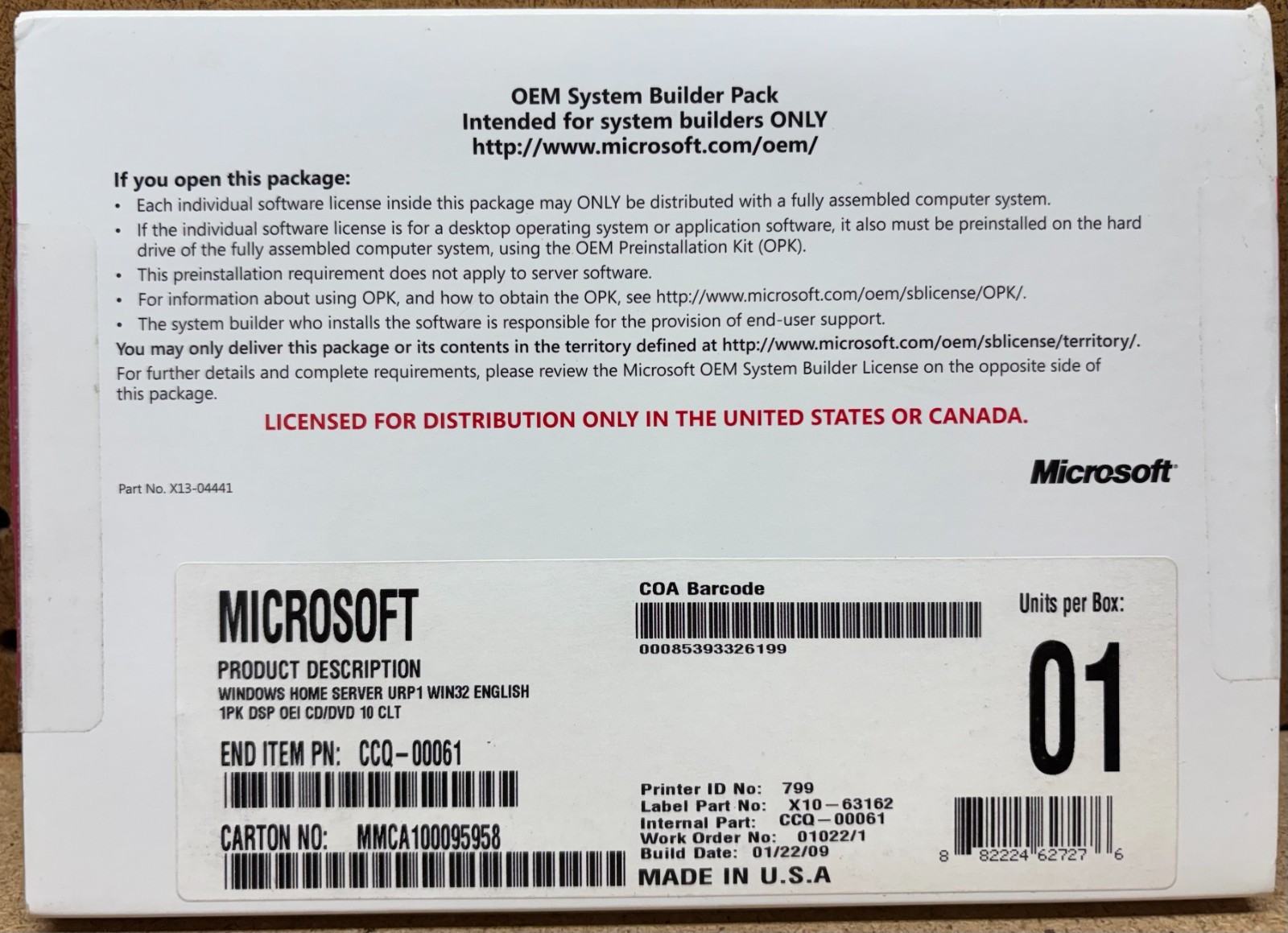 Microsoft OEM System Builder Pack Windows Home Server URP1 WIN32 English - READ