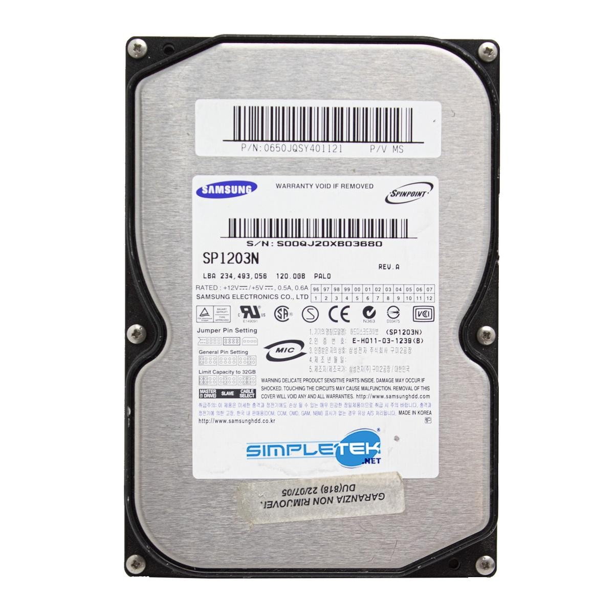 Samsung Sp1203n 120gb Ide Pata Eide 3.5" Hard Disk HDD Windows 98 2000 Xp_