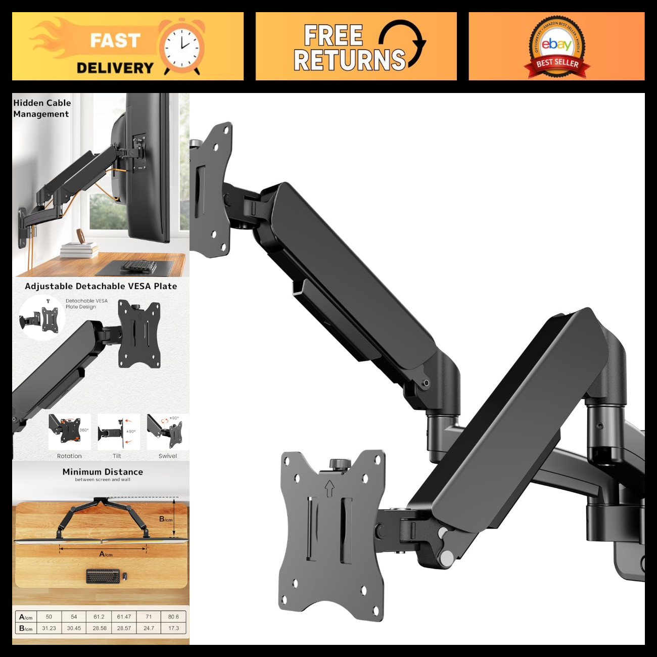 Dual Monitor Wall Mount Bracket for 17-32" Flat/Curved Screens - Adjustable & Sp