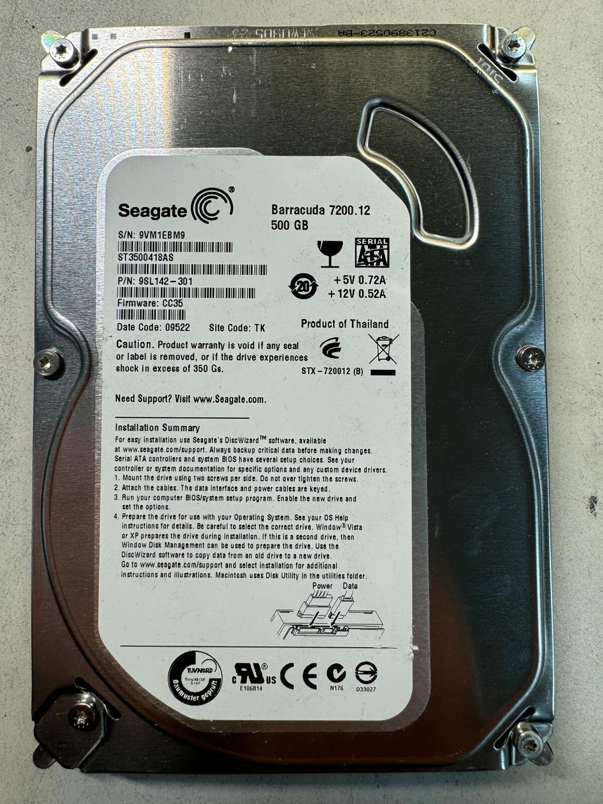SEAGATE ST3500418AS 9SL142-301 500GB Firmware CC35 Code 09522 SATA 3.5" HDD
