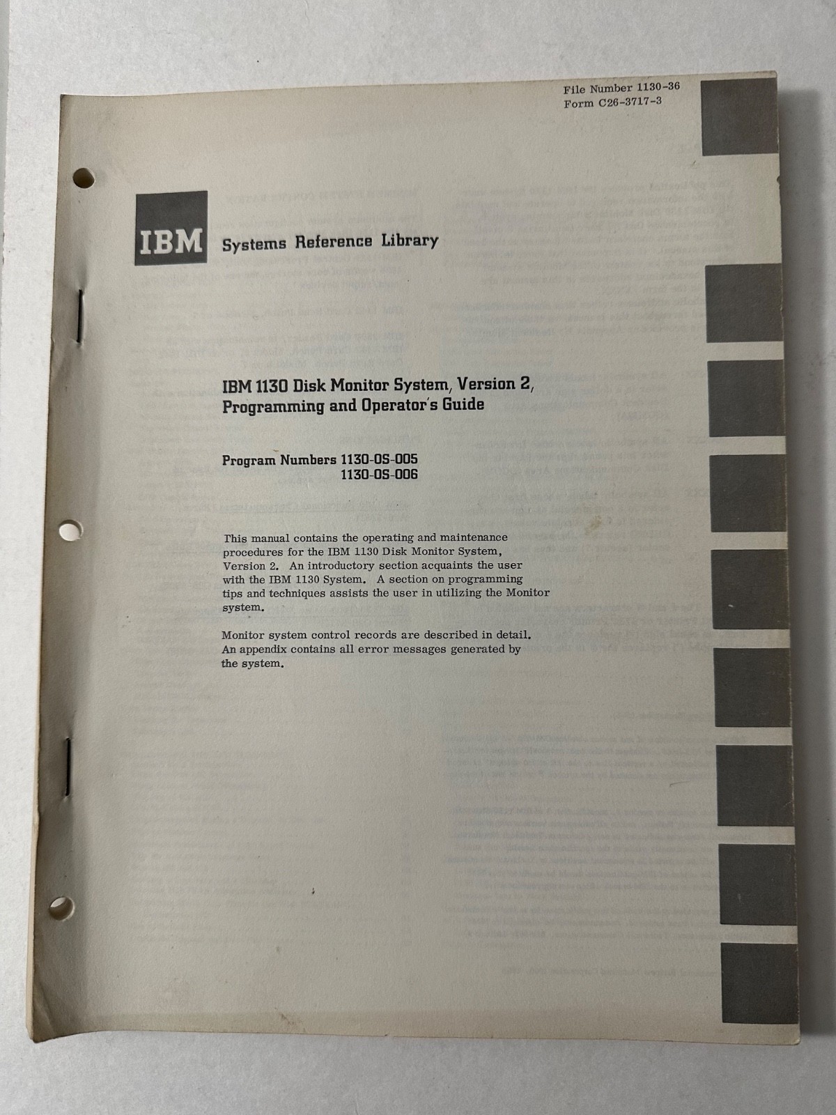 IBM SYSTEMS REFERENCE LIBRARY Original 1130 Disk Mon System USER’S  GUIDE- 1968