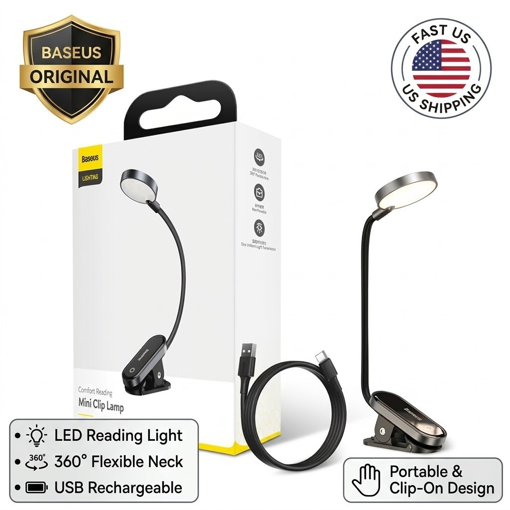 Baseus LED Clip Table Lamp Dimmable Wireless Desk Lamp Touch USB Rechargeable