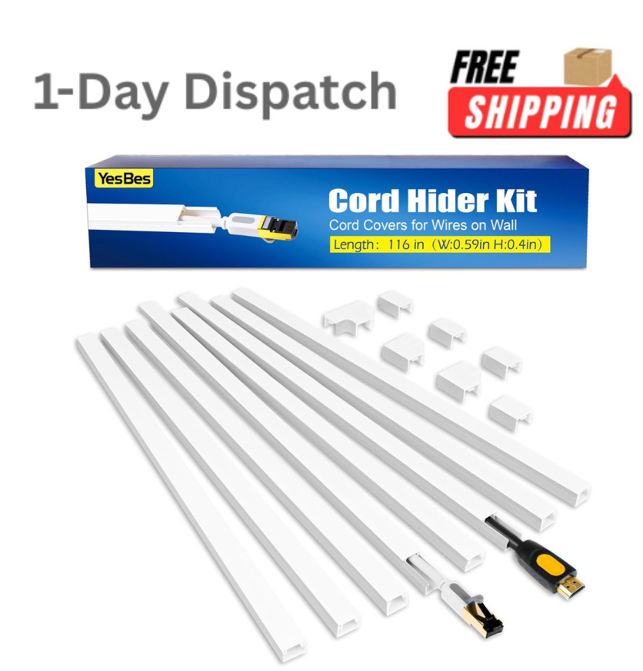 YesBes 116in Cord Hider Kit Cable Raceway Paintable White Wire Covers for Wall