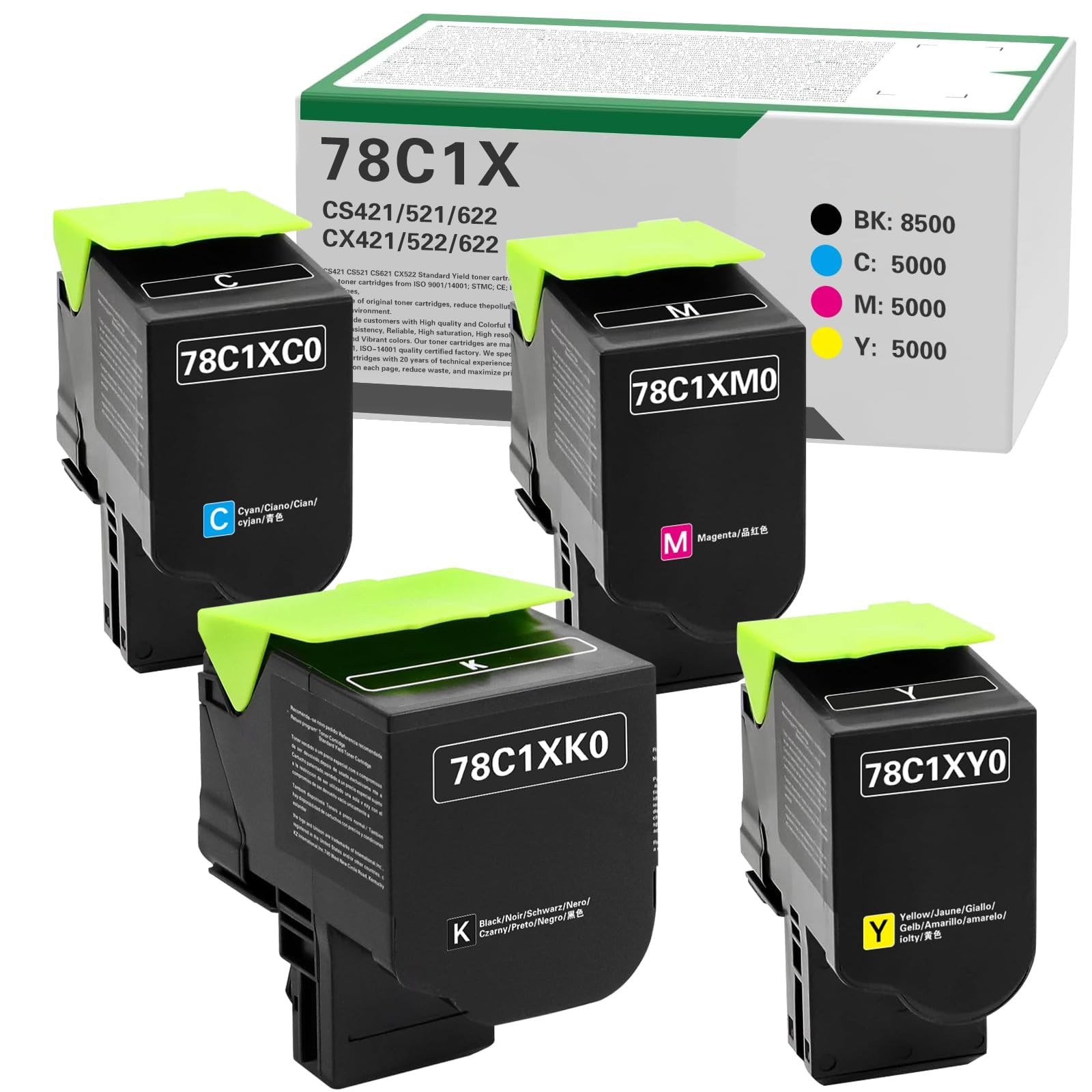 78C1X CS421 CS521 Extra High Yield Compatible Toner Cartridge BK8500 Color500...
