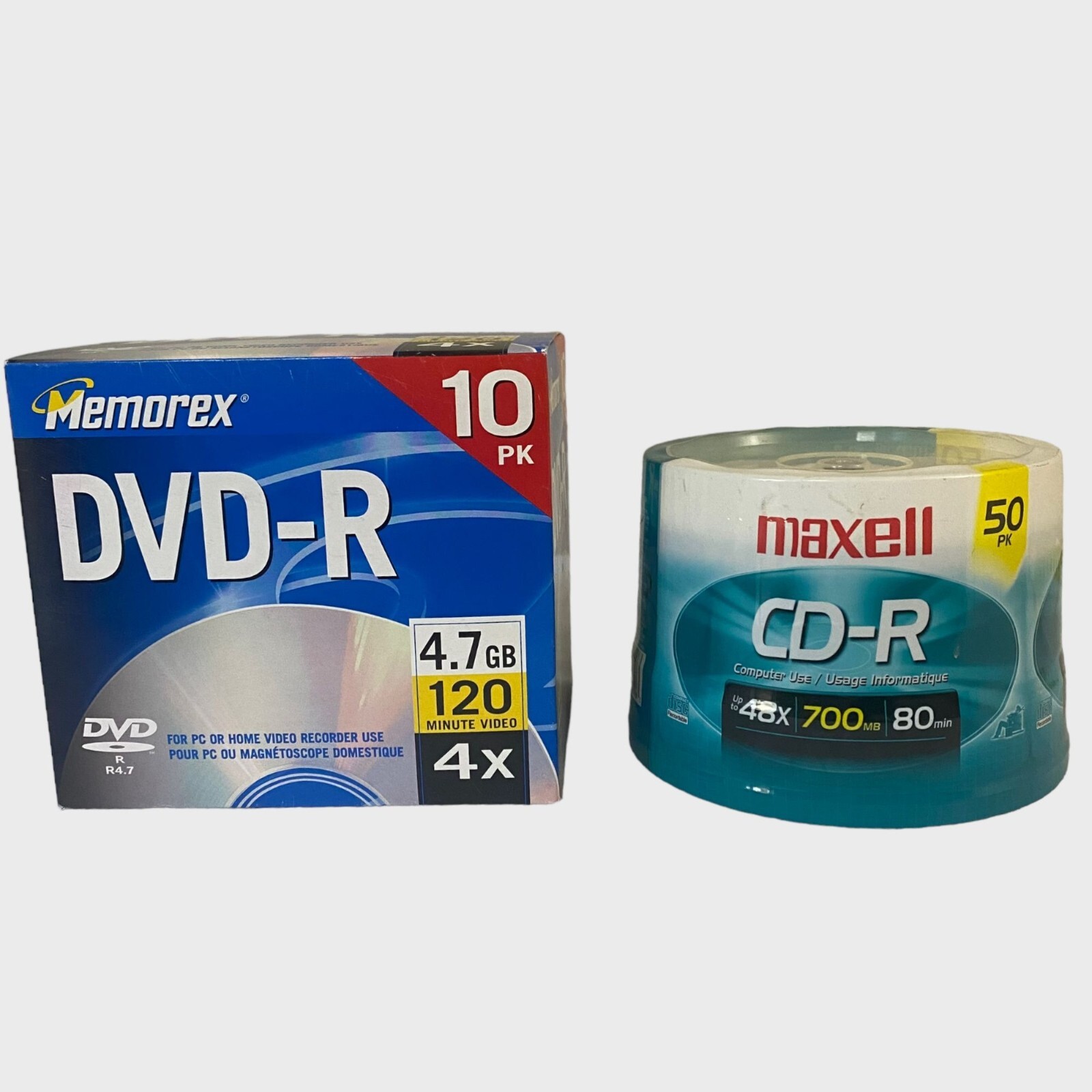 Memorex DVD-R 4X 4.7GB 120M 10-PK / Maxwell CD-R 48X 700MB 80M 50-PK Lot of 2