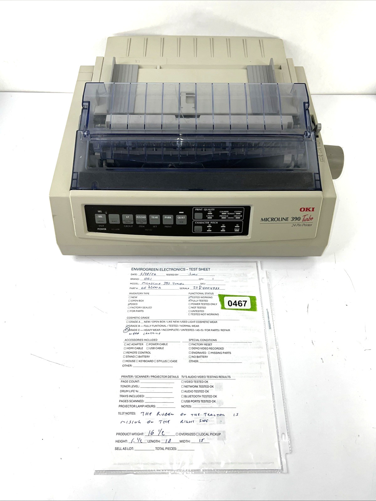 OKI Microline 390 Turbo GE7200A Dot Matrix Printer Tested Working READ