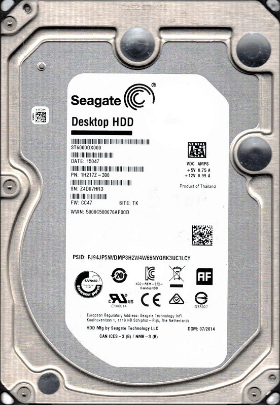 ST6000DX000 P/N: 1H217Z-300 F/W: CC47 TK Z4D Seagate 6TB