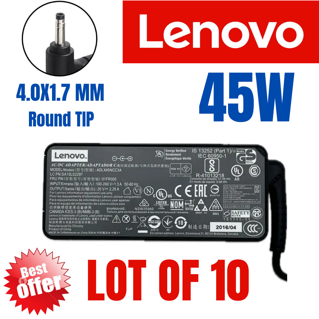 Lot 10 Genuine Lenovo 45W 4.0x1.7mm Small Black Tip AC Power Adapter Charger