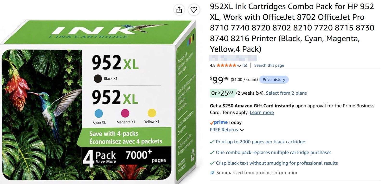 For HP 952/953XL 954/955XL Compatible Ink Cartridge 4-Pack BK C Y M