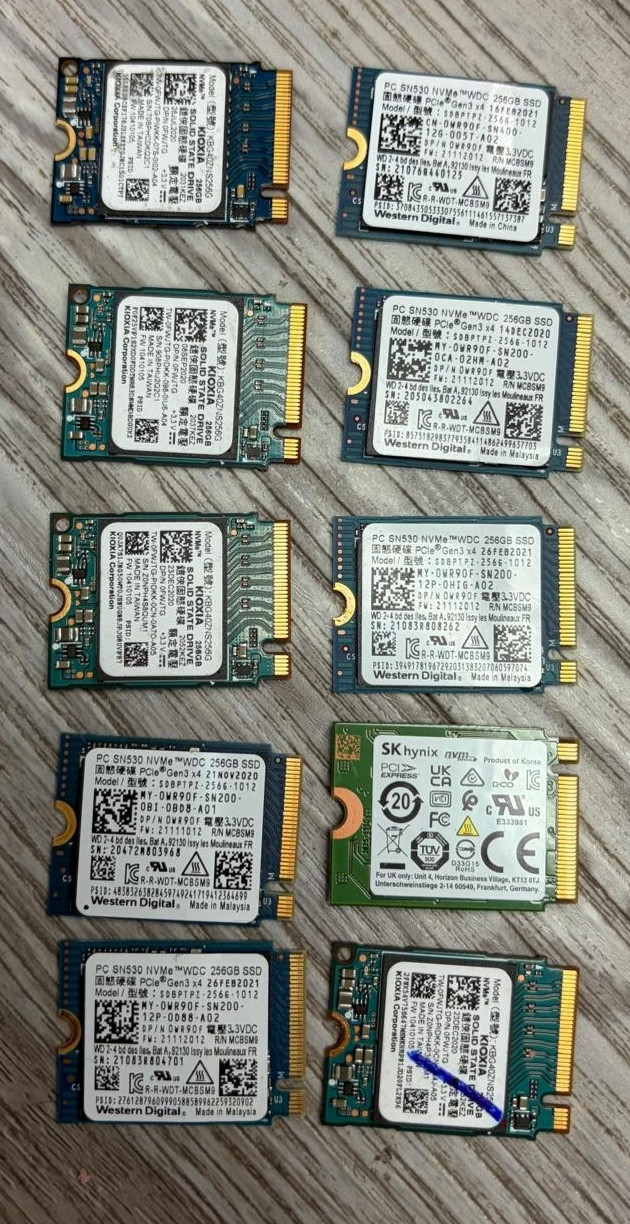LOT OF 10 Pcs  Mixed Brands, 256GB M.2 NVMe SSD Drive  2230 TESTED GOOD