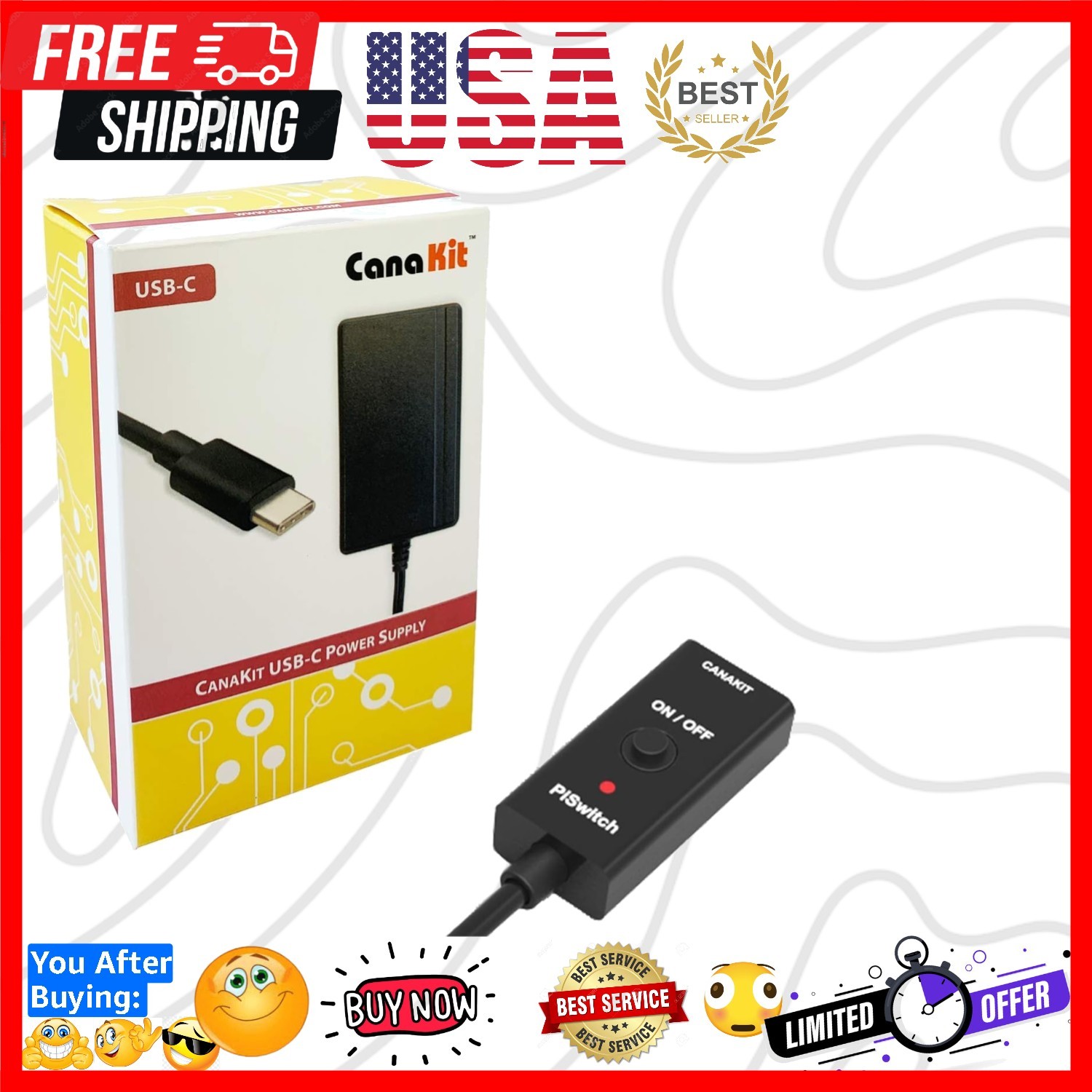 3.5A Raspberry Pi 4 Power Supply with PiSwitch USB-C