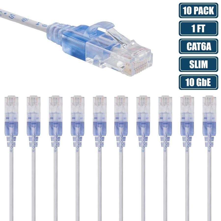 10 Pcs 1FT CAT6A RJ45 Slim Ethernet LAN Network Cable Copper Wire 30AWG White