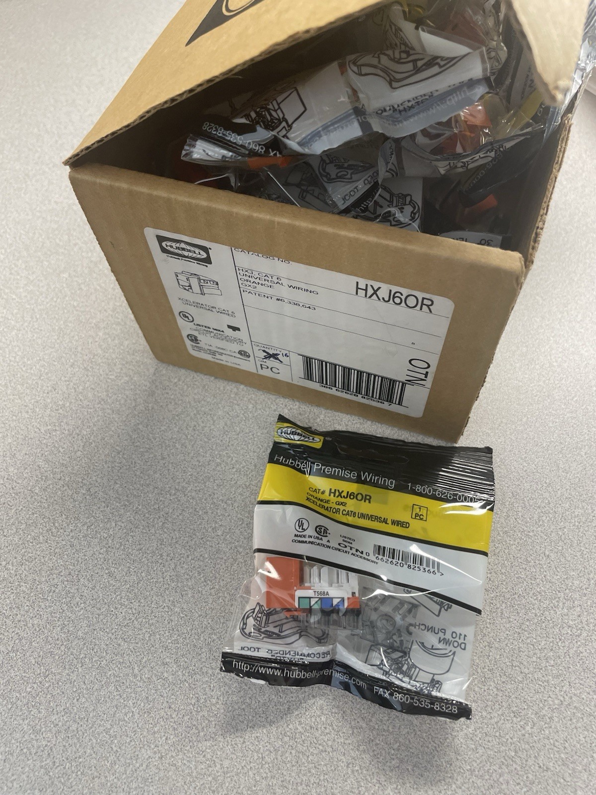 Hubbell HXJ6OR Xcelerator Cat 6 RJ-45 Jack, 110 Punch Down, Orange - Box of 16