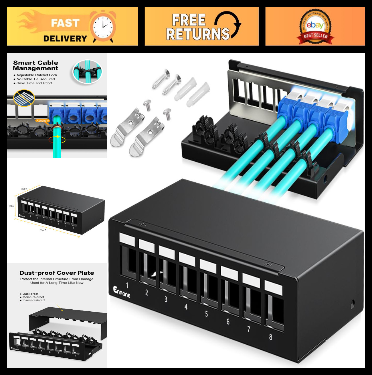 8-Port Blank Keystone Patch Panel - STP/UTP Compatible for Ethernet Termination