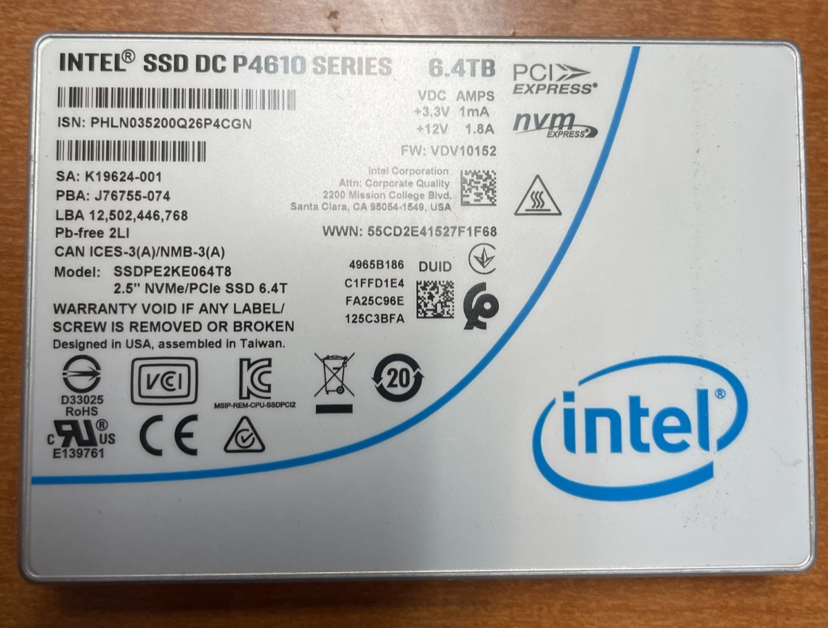 Intel DC P4610 6.4TB NVMe SSDPE2KE064T8 - Dell EMC SUB - X27HY 98-99% Health