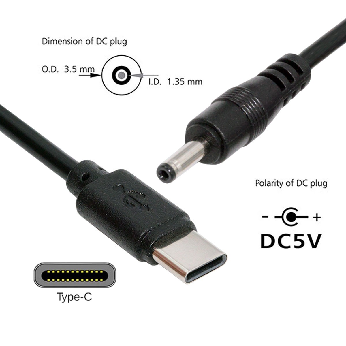 USB C to DC 5V 3.5x1.3/5.5x2.1/2.5 mm Power Charge Cable with 5.1K Resistor 1.0M