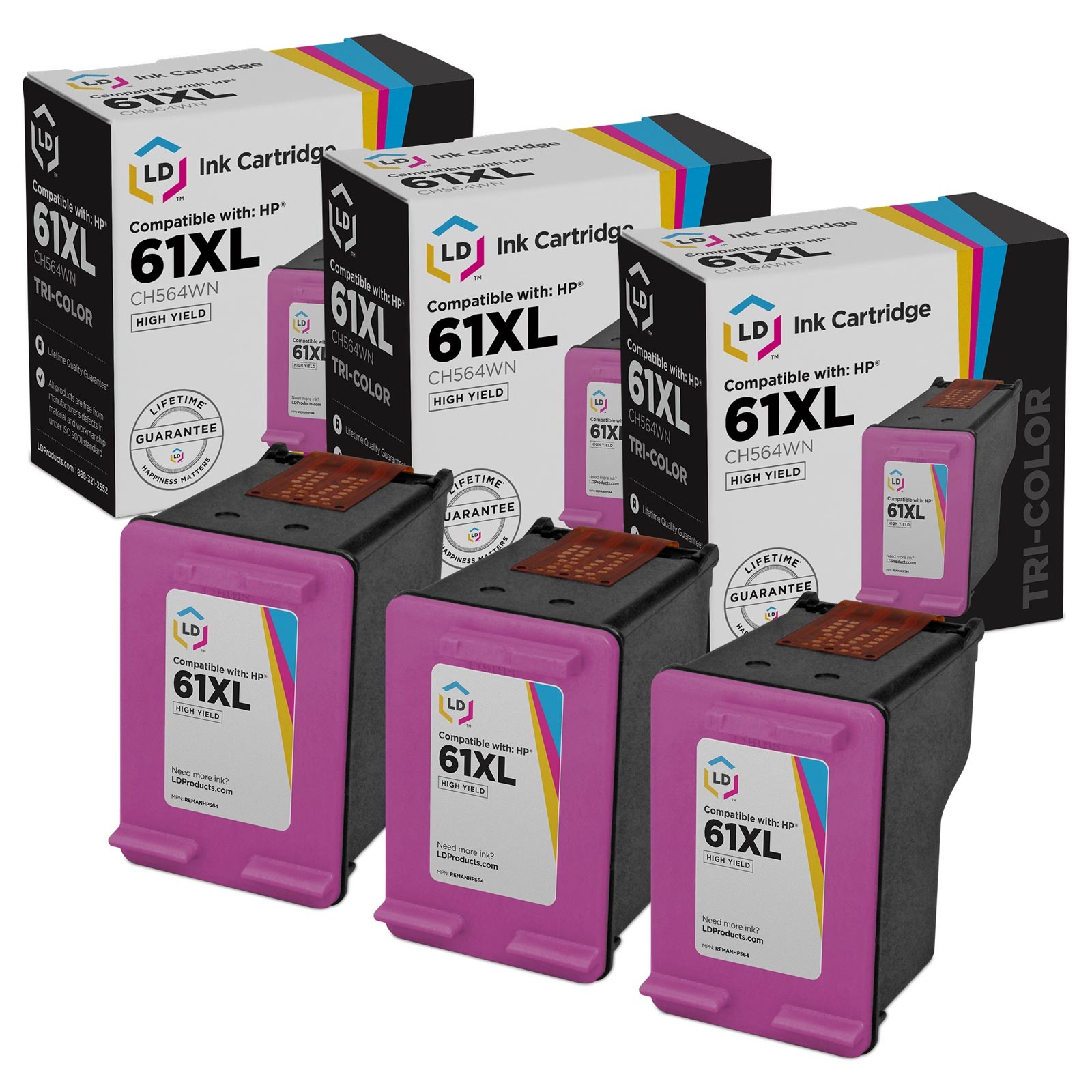 LD Replacement Replacement for HP 61 CH562WN Color Ink Cartridge, 3-Pack