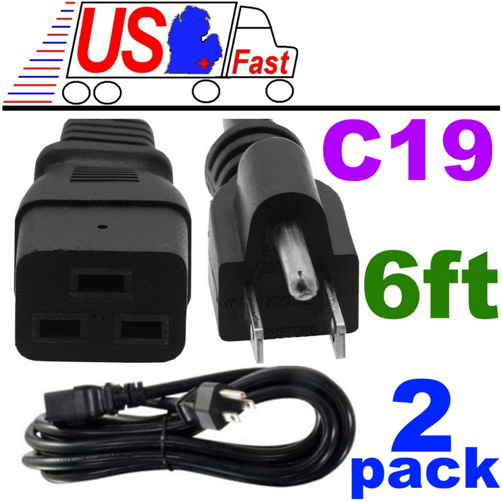 Lot2,2pk 6ft C19~NEMA5-15P Server Power Cord/Cable/Wire 14awg 15amp IEC60320C19