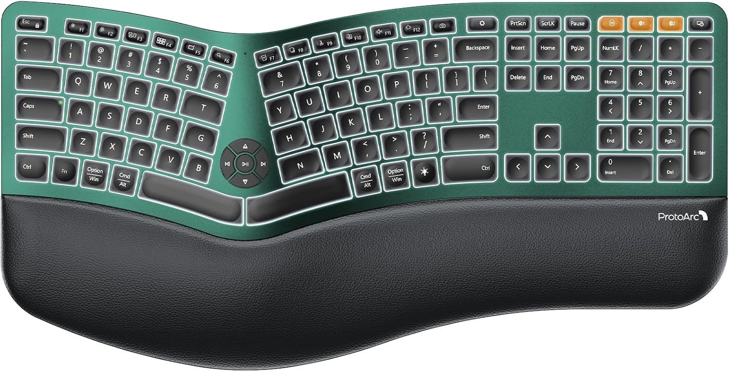 ProtoArc EK01 Plus Ergonomic Split Bluetooth Keyboard USB Wireless Backlit Green