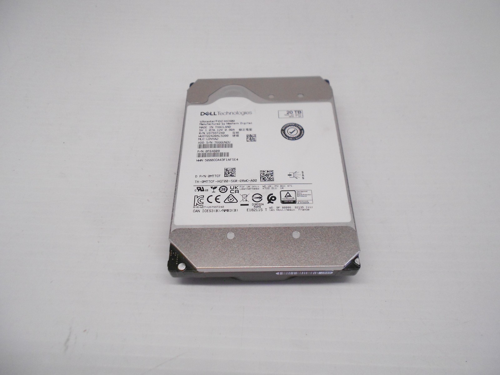 Dell 20TB 7.2K SAS 12G 3.5" Server Hard Drive MTTCF WUH722420AL5200 0F64608
