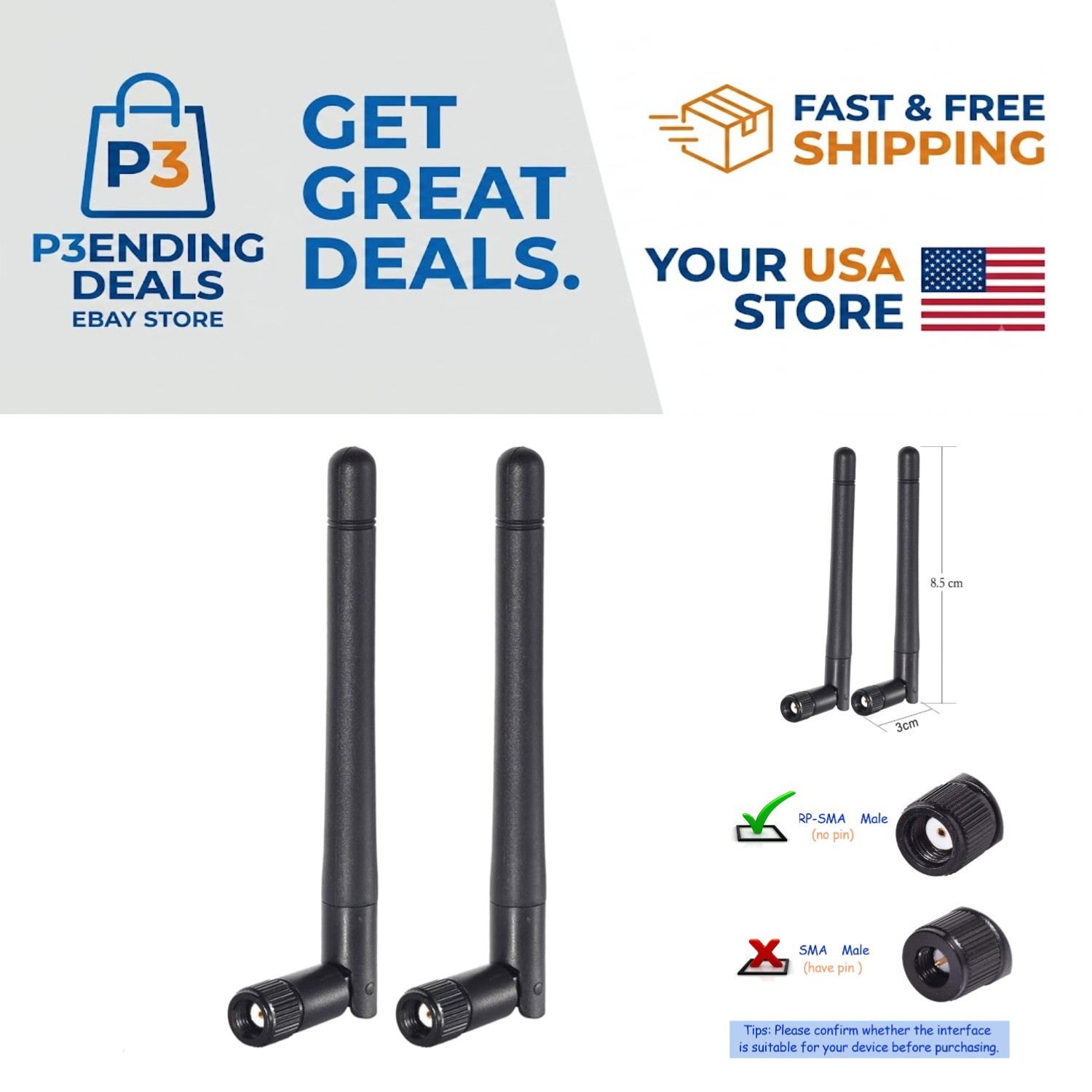 Omni-Directional 2-Pack Dual Band WiFi RP-SMA Antennas for Seamless Connectivity