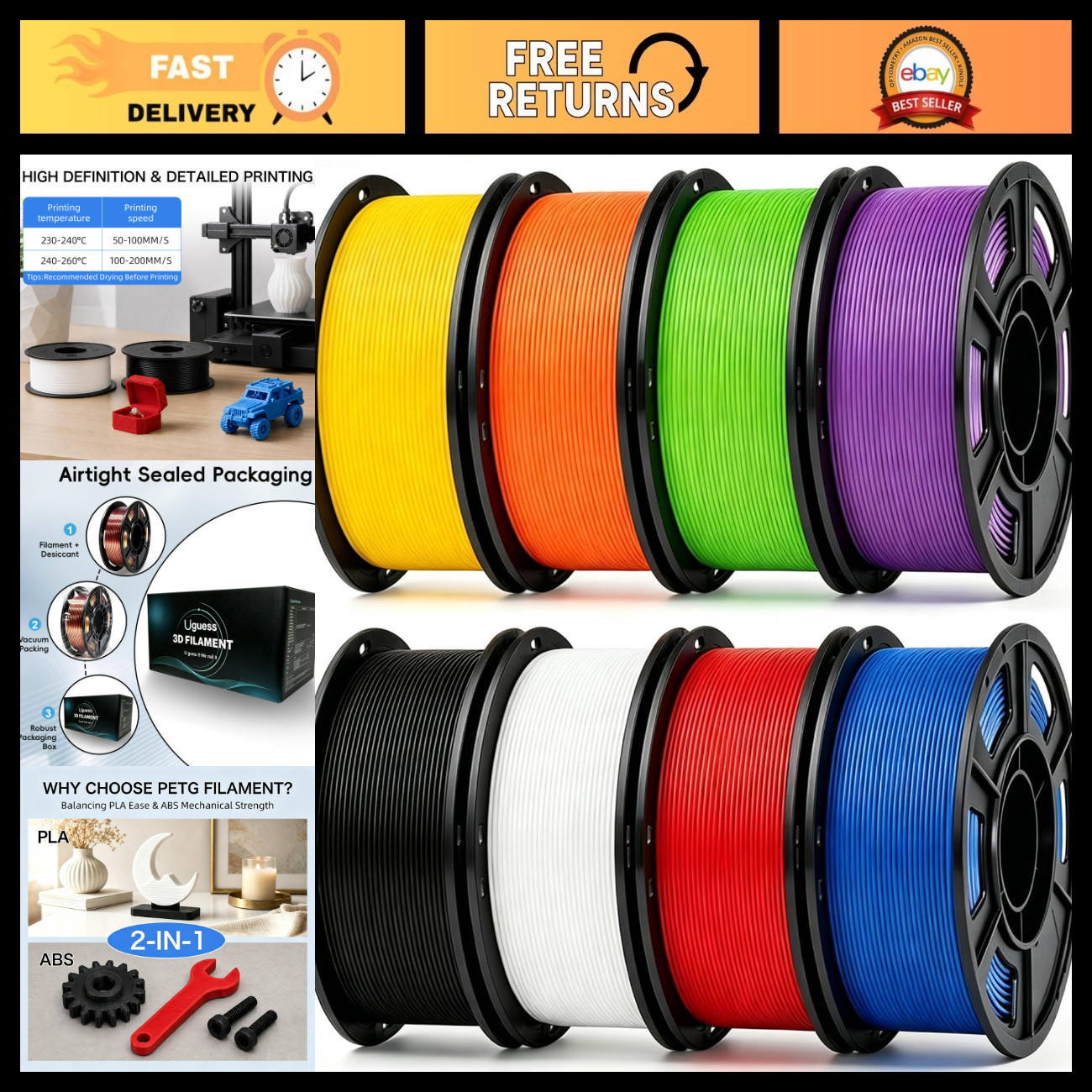 Multi-Color PETG 3D Printer Filament Bundle, 250g x 8, High Quality, Durable