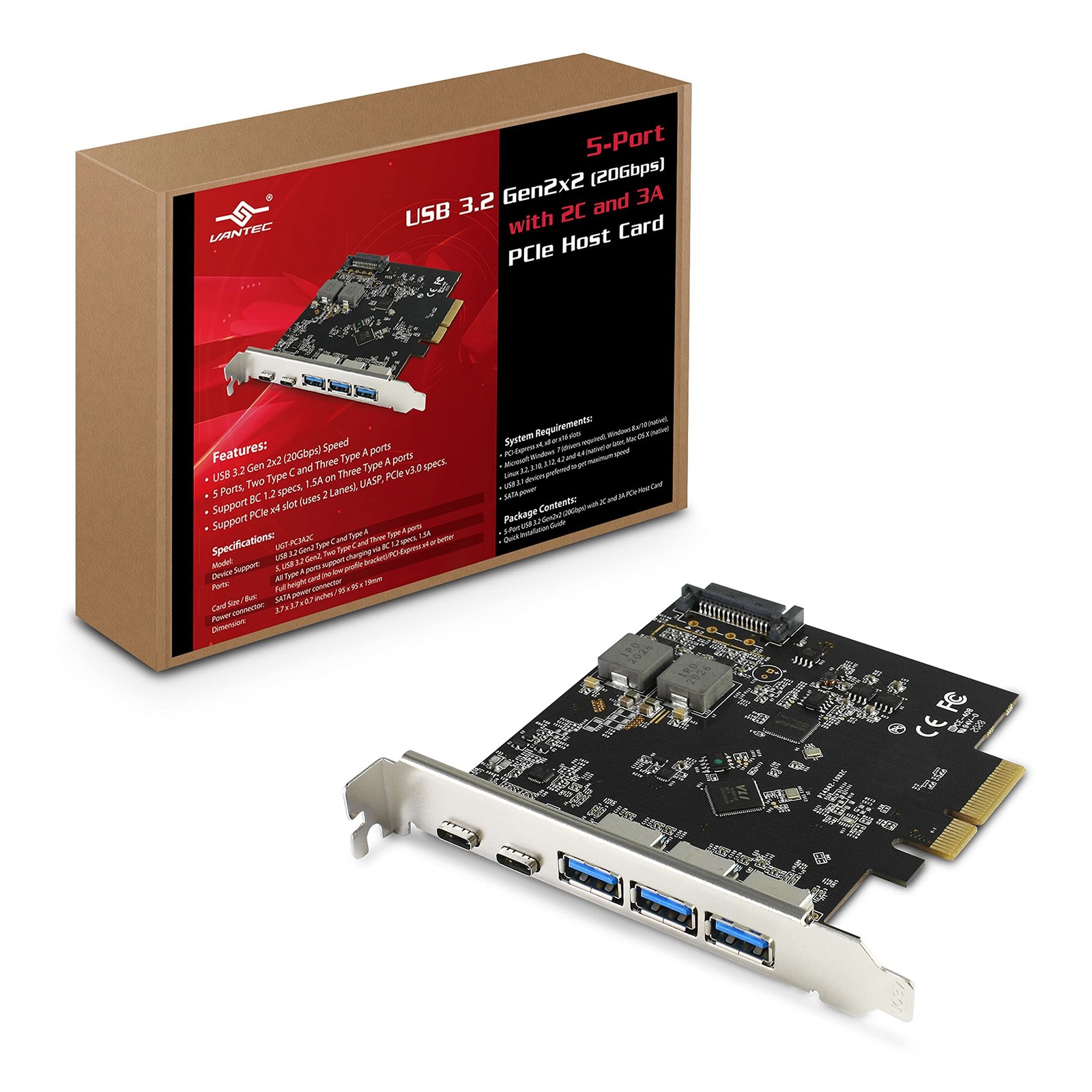 Vantec 5-Port USB 3.2 Gen2x2 (Total 20Gbps) with 2C and 3A PCIe Host Card (UG...