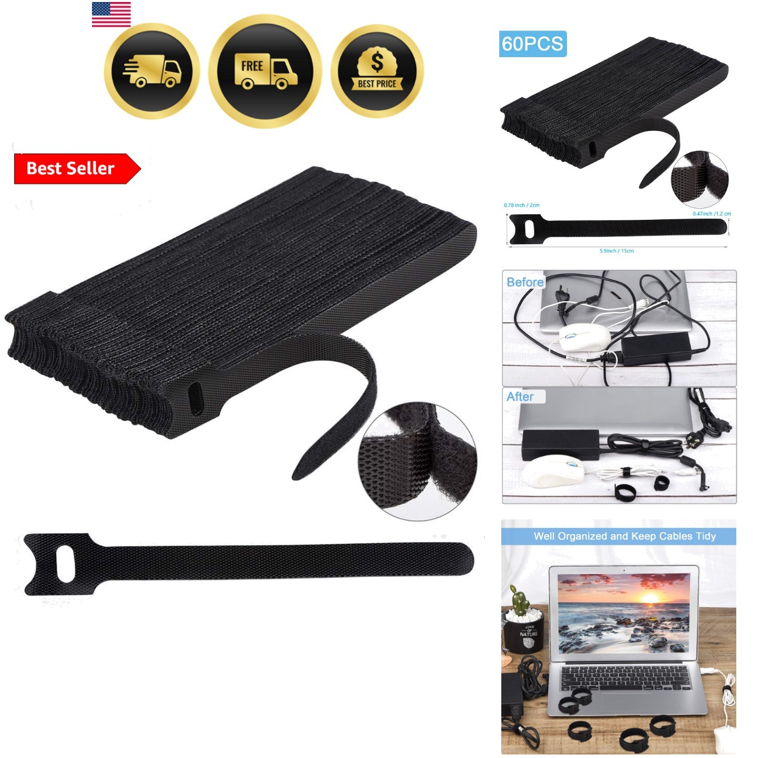 60 PCS 6 Inches Reusable Cable Ties, Adjustable Cord Straps Wire Organizer Co...