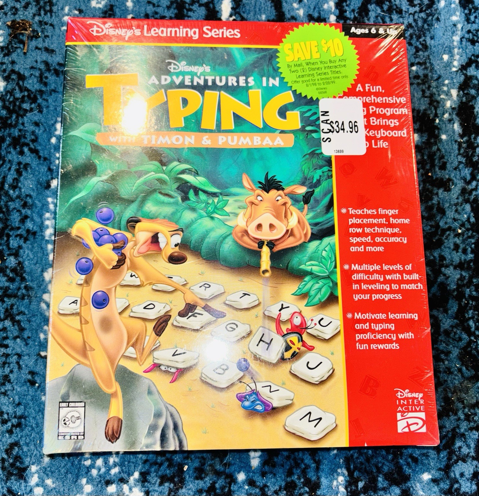Disney's Adventures in Typing With Timon & Pumbaa, PC, 1998, New big box