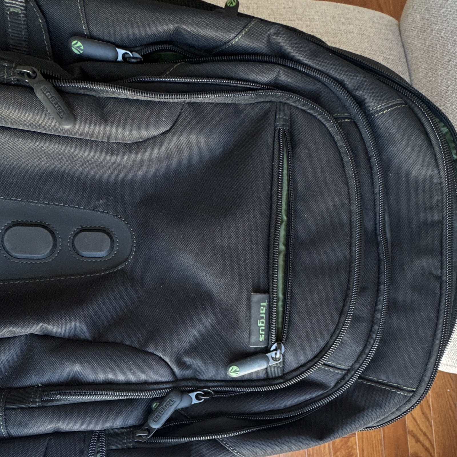 black Targus Spruce EcoSmart laptop backpack, featuring a textured front panel