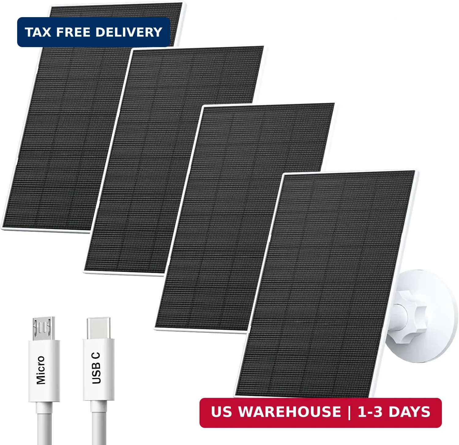 2W Solar Panel for Security Cameras with USB, USB-C Port, 4 Pack
