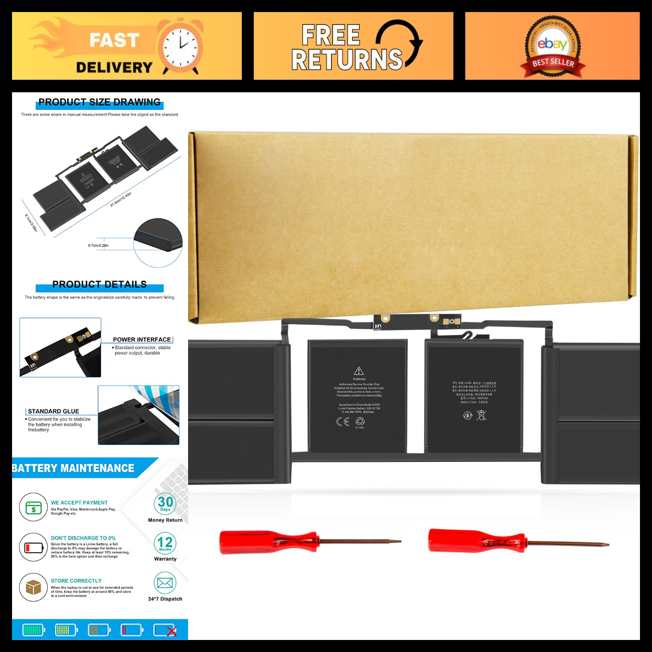 High-Capacity Replacement Battery for MacBook Pro 15" Touch Bar A1707 A1820 EMC