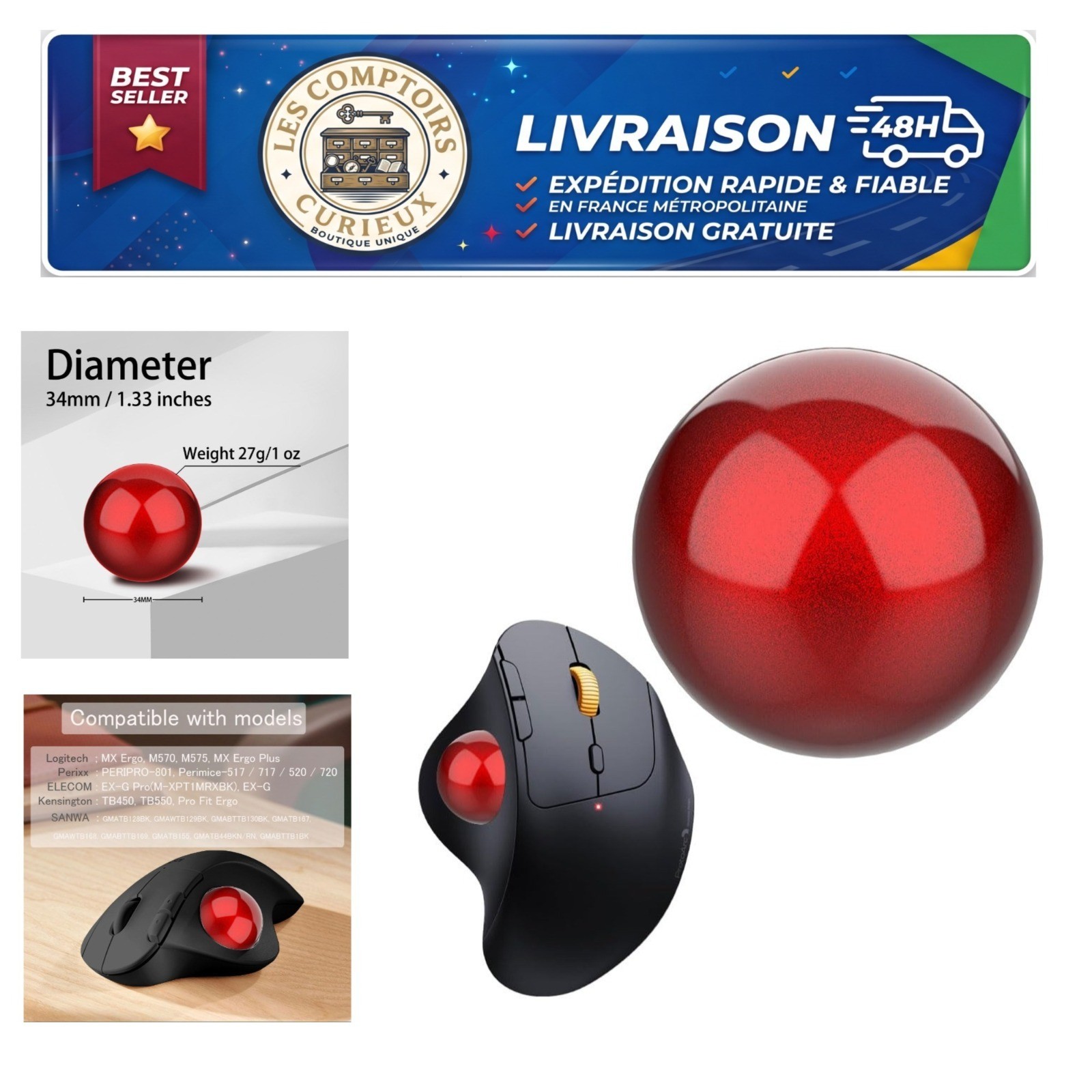 34mm Trackball Replacement Ball Red for Logitech M575 M570 MX Ergo