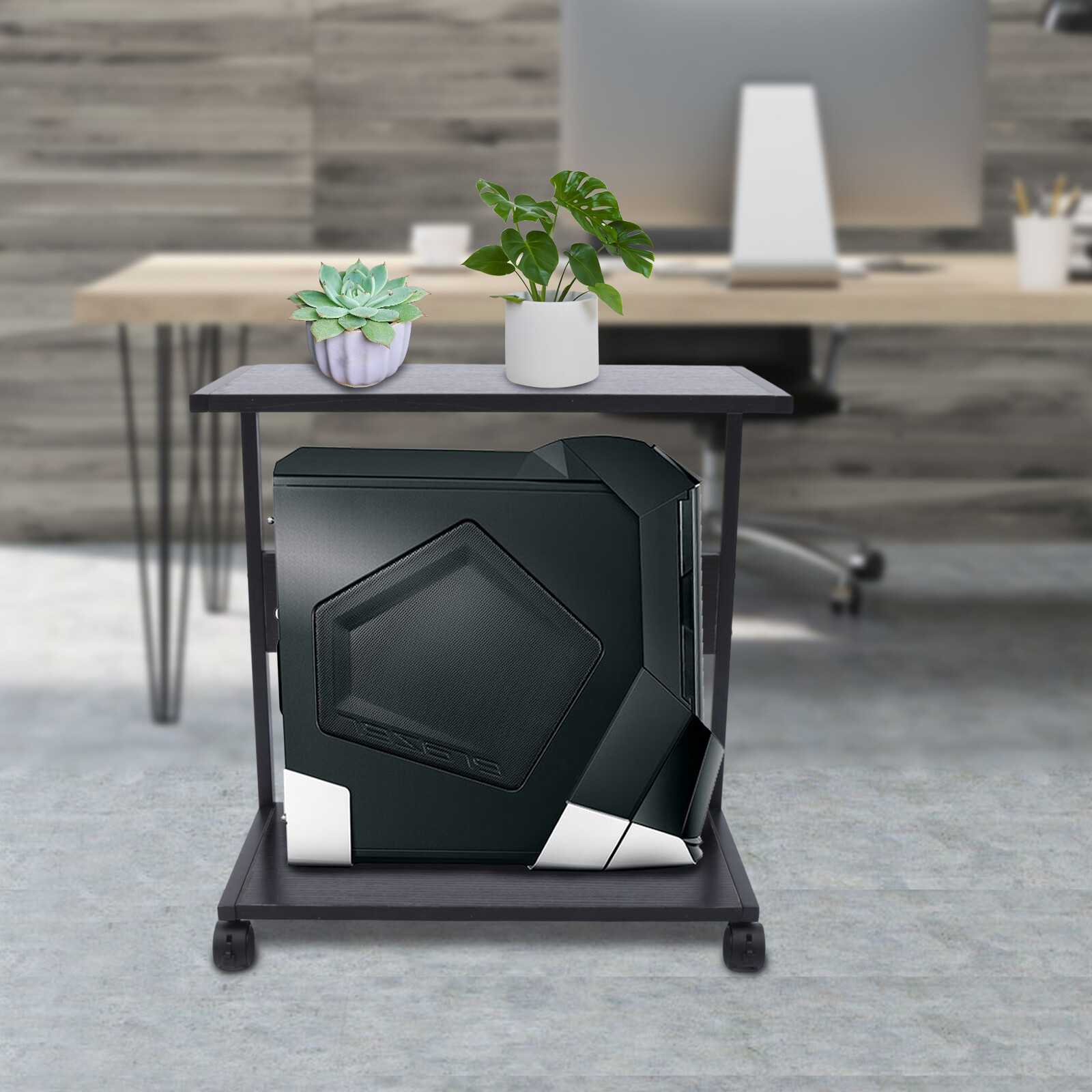 2-Tier Computer Tower Stand C-Shaped Mobile PC Tower Stand Desktop Printer Shelf
