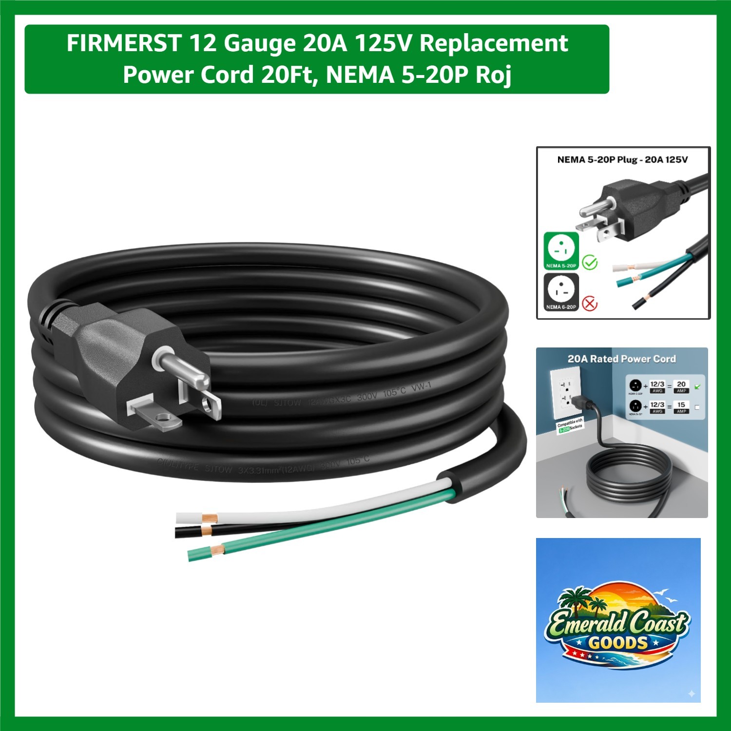 Reliable 12 AWG 20A Power Cord - 20 Feet with NEMA 5-20P and Pre-Stripped Ends