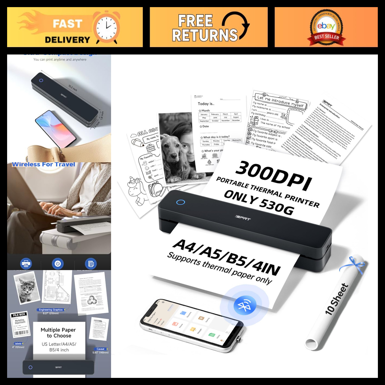Portable Thermal Printer 300DPI - Compact Mobile Travel Printer for On-the-Go Pr