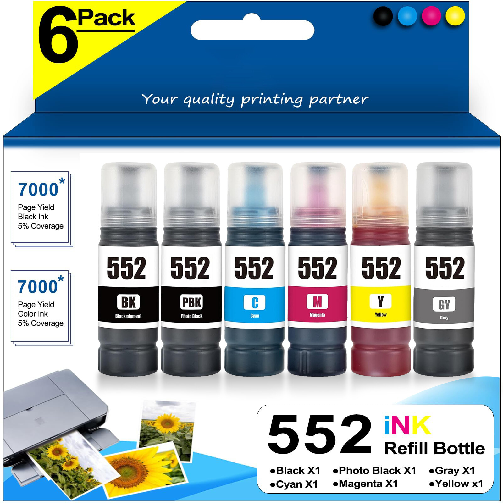 T552 552XL 6-Pack Ink Bottles: PB+BK+Cyan+Magenta+Gray+Yellow for ET-8500/8550