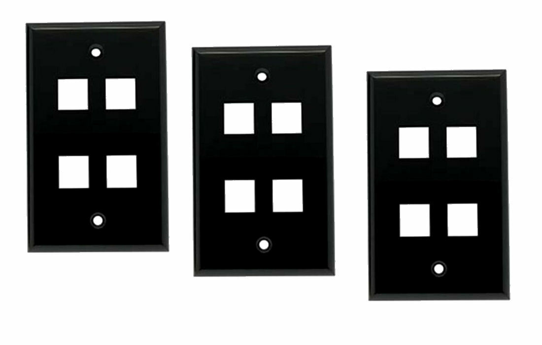 3 Pcs 4 Port Hole Keystone Snap In Insert Jack HDMI RJ45 1-Gang Wall Plate Black