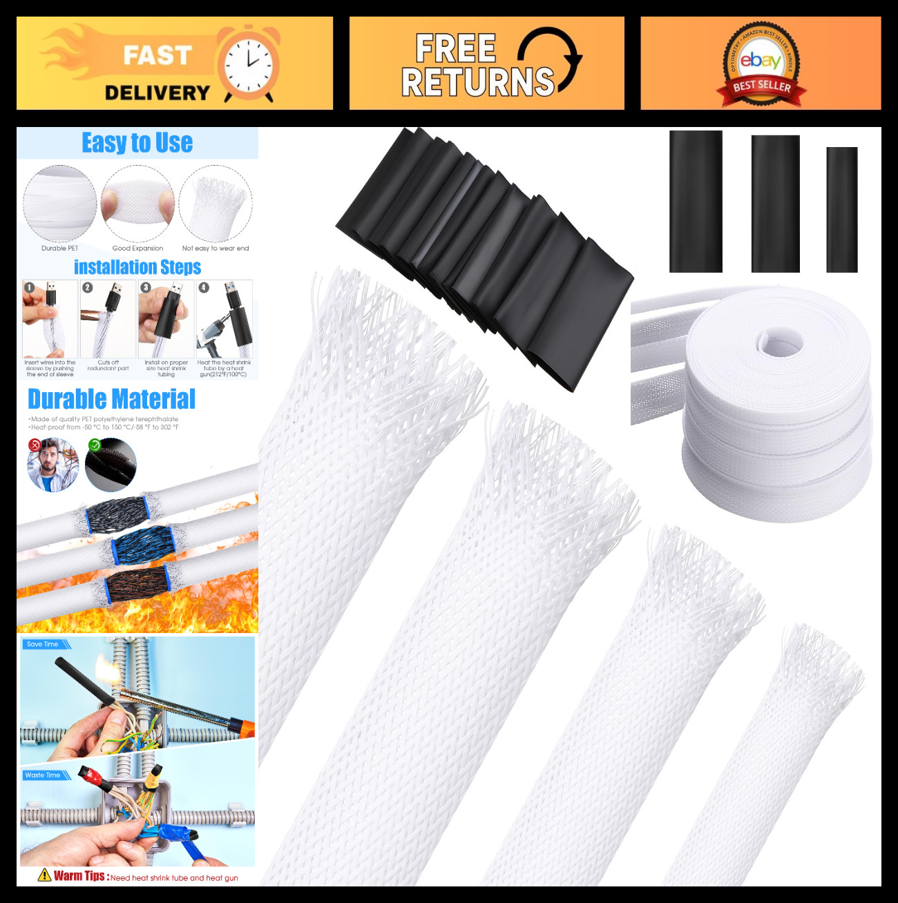 65.6ft Expandable Braided Cable Sleeve with 120 Heat Shrink Tubes - Multi Size f