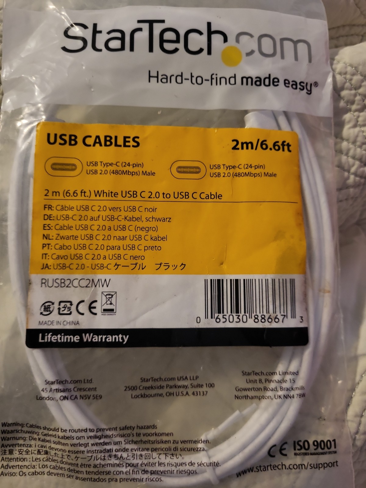 StarTech USB Cables-New 6.6 Ft Single White Lift Time Warranty Type C Charging