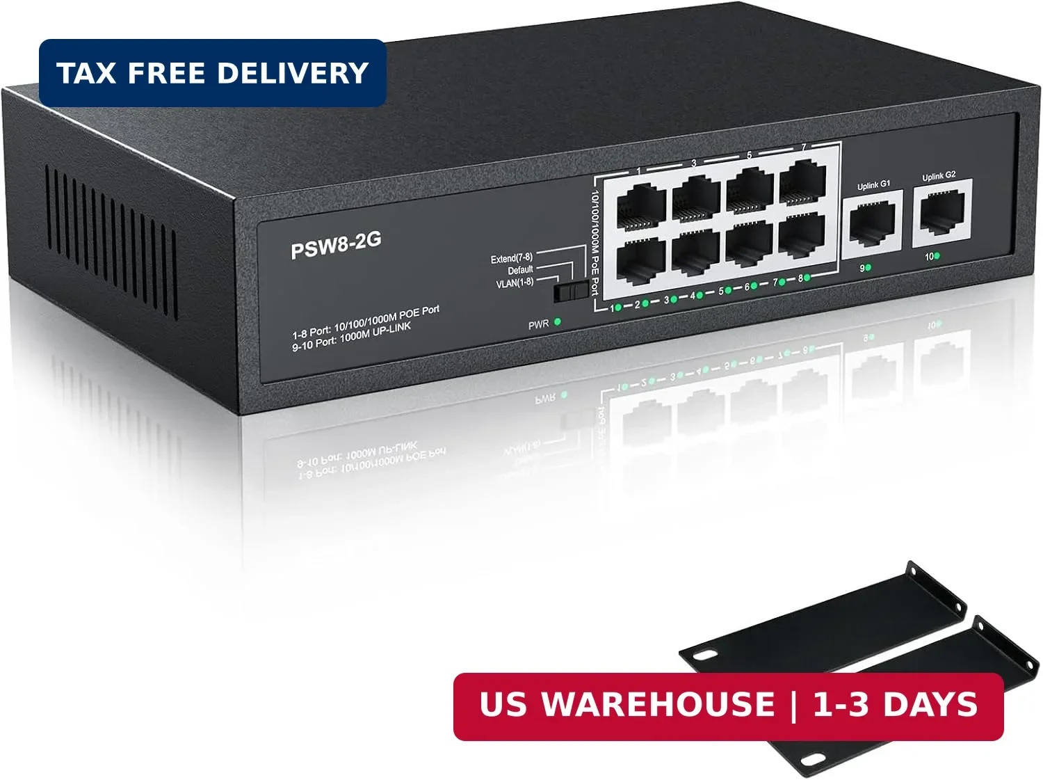 10 Port Full Gigabit PoE+ Switch with Rack Mount Ears, 8 Port PoE 1000Mbps, 2x10